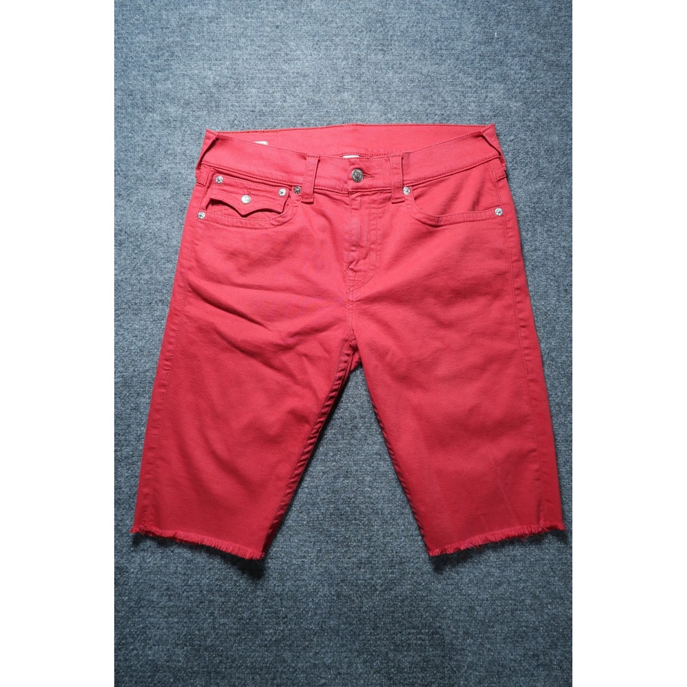 True Religion Ricky Flap Red Denim Shorts Relaxed Straight Raw Hem Mens 34